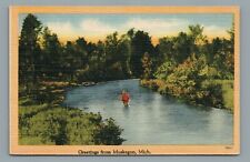 Greetings From Muskegon Michigan MI Fishing in Stream Vintage Unposted Postcard picture