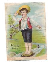 HERE I AM Boy on Stone in Stream Straw Hat Vest No Advertising Vict Card c1880s picture