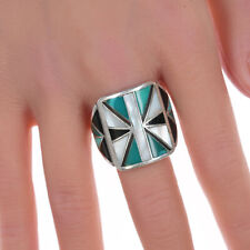 sz10.5 Vintage Zuni Turquoise, Jet, and shell channel inlay sterling ring picture