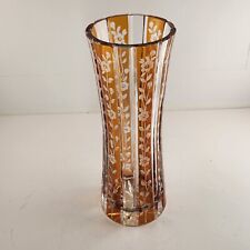 Crystal Vase Vintage Amber Cut to Clear Flowers Vertical Cuts Heavy Leaded 12