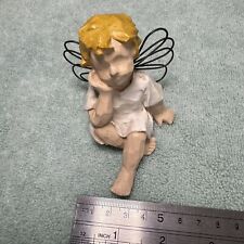 Sitting Sweet Angel Boy With Wire Wings Blonde Hair Thinking Of You 3” picture