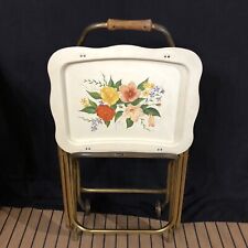 Vintage Metal TV Tray Set of 4 with Stand Cart Floral Flowers 1960 Quaker 60s picture