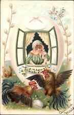 Easter Victorian Girl Inside Egg Home Chickens at Window c1900s-10s Postcard picture