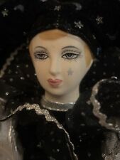 Porcelain Clown Jester Doll 16.5” Black Silver Stars Vintage picture