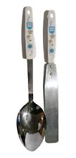 2 Vtg MCM  Japan Stainless Utensils  Spoon Spatula Wall Decor Gold Blue Country  picture