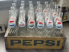 Lot of 24 Vintage Swirl Diet Pepsi Cola Glass Bottles & Yellow Wood Pepsi Crate picture