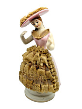Vintage Figurine Woman Pink Dress Applied Lace Wide Hat Porcelain picture