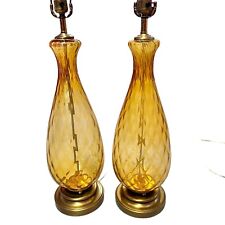 2 Vintage MCM Amber Optic Blown Glass Table Lamps Tall Pair Large 38” picture