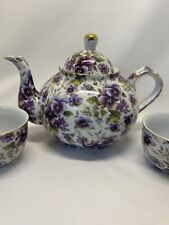 Formalities Baum Bros Teapot & 2 Teacups Purple Poppy Flower Chinz Pattern NICE picture