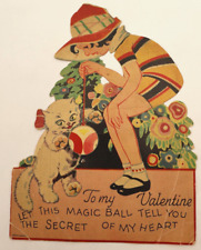 Antique Valentine's Day Card Large Format 1920's Cat & Girl Mechanical Features picture