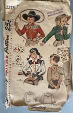 Boys Girls Frontier Shirt Simplicity Pattern 2273 SZ 7 VTG 1950s Cowboy Cowgirl picture