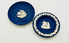 Pair 2 Vintage Wedgwood Dark Blue Jasperware Small Dishes Unicorn & Horses picture