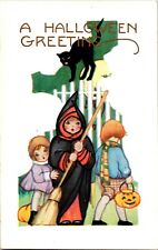 Vintage Whitney Adorable Girl Witch, Children & Black Cat Halloween Postcard picture