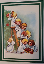 1955 Vtg Angel GIRLS on Ladder Put ORNAMENTS On CHRISTMAS Tree CARD picture