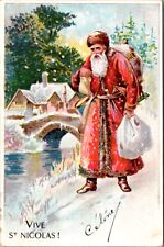 Christmas PC Saint Nicolas Walking Through Snow Carrying Bags of Toys Santa picture