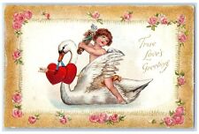 c1910's Love Greetings Cupid Angel Riding Swan With Hearts Canada Postcard picture