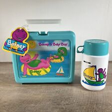 Vintage 1993 Barney and Baby Bop Teal Plastic Lunch Box With Thermos Excellent picture