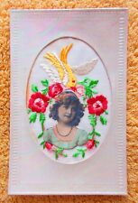 VTG NOS CELLULOID & SILK EMBROIDERED - GIRL - FLOWERS  - DOVE picture
