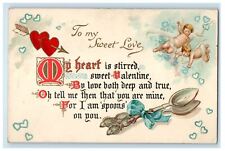 1905 Valentine Poem Angels Cherub Floating Hearts And Spoon Antique Postcard picture