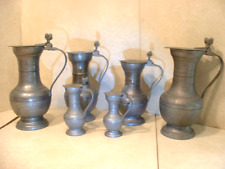 6 Antique Graduated French Pewter Flagons with Acorn Thumb Grips W/Touchmarks picture