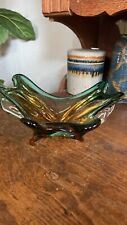 AMAZING 1950'S MCM MURANO ART GLASS GREEN AMBER SOMMERSO HEAVY ASH TRAY BOWL picture