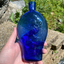 Antique Cobalt Blue Pictorial HUNTER / Marksman & Hound Pontil Flask Bottle picture