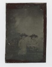 Ca. 1870s-1880s TINTYPE CUTE YOUNG CHILDREN W/  WIDE BRIM HATS, MATCHING OUTFITS picture