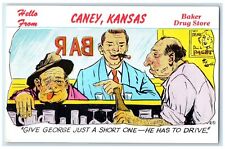 c1940 Baker Drug Store Bar Drunk Men Hello From Caney Kansas Laff Gram Postcard picture