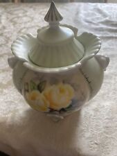 Vintage Handpainted  Footed Biscuit Jar + Lid Yellow Roses  8