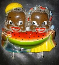 Vintage Chalkware Wall Hanging Boy and Girl Watermelon Pot Holders Black America picture