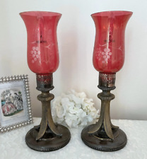 Pair of Antique Brass Lamps with Red Glass Shades, Boudoir Lamps, Mantle Lamps picture