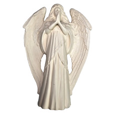 Ceramic Bisque Praying Angel Standing with Long Hair White w Light Gold Sparkle picture