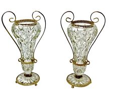 Pair of Empire Style Gilt Bronze Cut Glass Crystal Urns Vases Hollywood Regency picture
