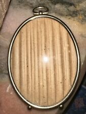 Antique Small Oval Hanging Brass Tone Metal Photo Frame w/ Convex Glass picture