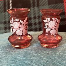 2 Vtg Bohemian Czech Glass Toothpick Holder Bud Vase Cranberry Painted Flowers picture