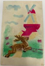 Vintage Embossed CHRISTMAS Postcard Raised Reindeer & Windmill picture