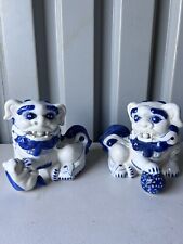 Pair Unique Chinese Blue White Porcelain FOO Dogs w/ Dragon On Their Backs picture