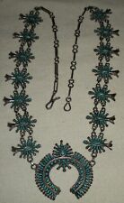 VINTAGE ZUNI SQUASH BLOSSOM PETIT POINT TURQUOISE STERLING SILVER NECKLACE vafo picture