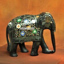 9'' Black Natural Marble Designed Elephant Floral Multi Inlaid Home Decor H3770 picture