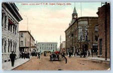 Calgary Alberta Canada Postcard Centre Street and C.P.R Depot c1910 Posted picture
