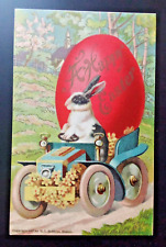 1910s Happy Easter Vintage Postcard Rabbit Egg Car Colorful picture