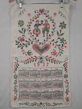 Vintage 1957 Callander Linen Tea Towel Lover's Holding Hands Flowers Small Stain picture