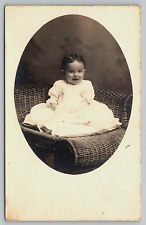 Original RPPC, Cute Girl In White Dress Smiling On Chair, Vintage Postcard picture