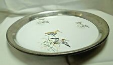 q730  Vintage Silver Plate Tray Etched Hummingbird inlay Design 13