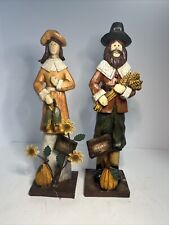 Vintage Wood-look Resin Thanksgiving Pilgrim Figurine Man& Woman Couple 13 tall picture