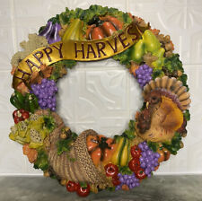 Vtg Resin Thanksgiving Turkey Cornucopia Fall Wreath Happy Harvest Wall Decor picture