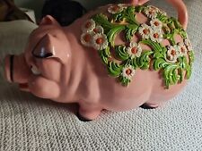 Vtg 1976 Large BIG PINK Plastic Daisy Pig Piggy Bank USA Floral Art Deco Hipster picture