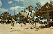Sarasota Florida Siesta Beach picnic area grass roof shelters vintage postcard picture