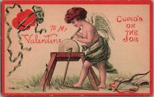 c1910s VALENTINE'S DAY Greetings Postcard Cupid Sharpening Arrow 