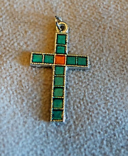 Vintage Plain Green & Orange Enameled Cross Pendant ~1 1/4